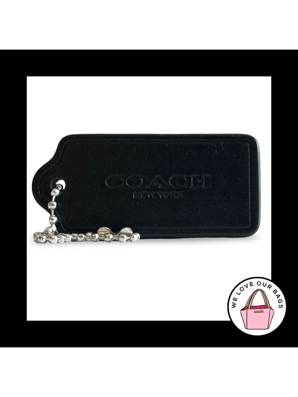 COACH HANG TAG 2.25" Black Leather Bag Charm Keychain Fob New York Silver Nickel